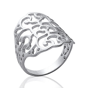 Bague large en argent 925 rhodié avec un anneau ajouré au motif arabesque.