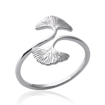 Bague en argent 925 rhodié composée d'un anneau ouvert se terminant par une feuille de ginkgo à chaque extrémité